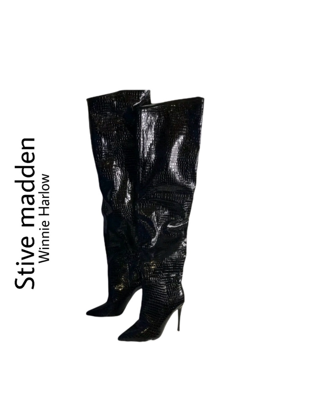 Steve Madden Black Croc-Embossed Over-The-Knee Stiletto Boots
